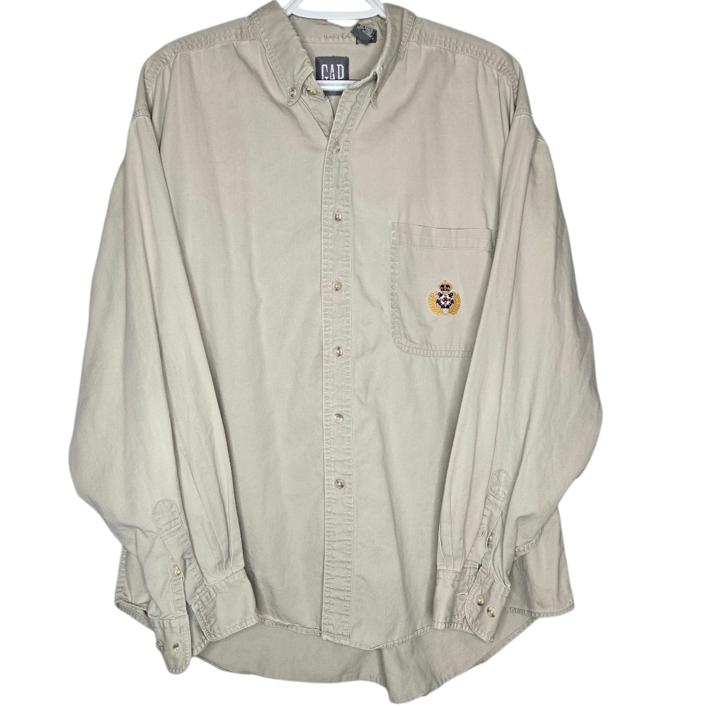 GAP Long Sleeve Shirt Mens XL Beige Khaki Y2K VTG 90s Button Down Nautical Crest